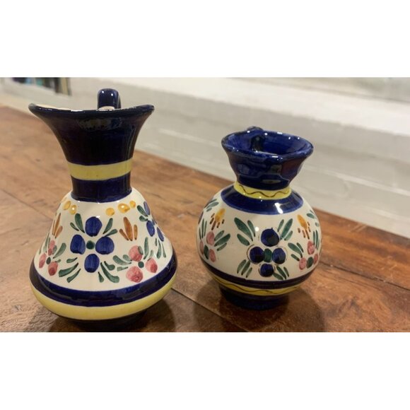 Vtg Cora Handpainted Ceramic Creamer & Sugar Bowl Set Blue & Yellow Floral - Picture 2 of 6